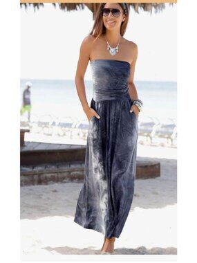 Lascana Bandeau Maxi Dress Size 10 Strapless Tie Dye Batik Print Grey & White